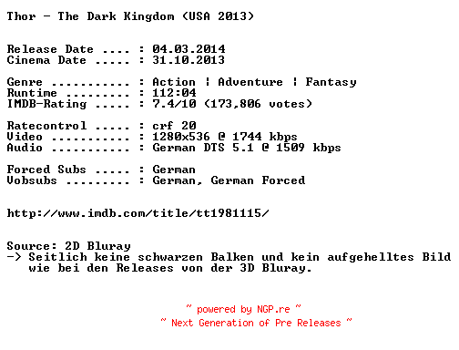 NFO for the release Thor.The.Dark.Kingdom.German.720p.BluRay.x264.iNTERNAL-EXQUiSiTE by EXQUiSiTE