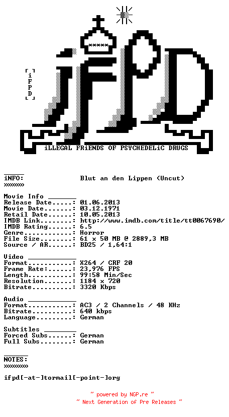 NFO for the release Blut.an.den.Lippen.1971.Uncut.German.720p.BluRay.x264-iFPD by iFPD