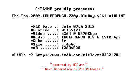 NFO for the release The.Box.2009.TRUEFRENCH.720p.BluRay.x264-AiRLiNE by AiRLiNE