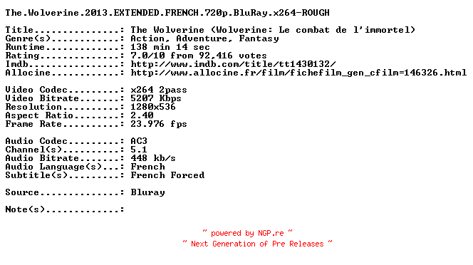 NFO for the release The.Wolverine.2013.EXTENDED.FRENCH.720p.BluRay.x264-ROUGH by ROUGH