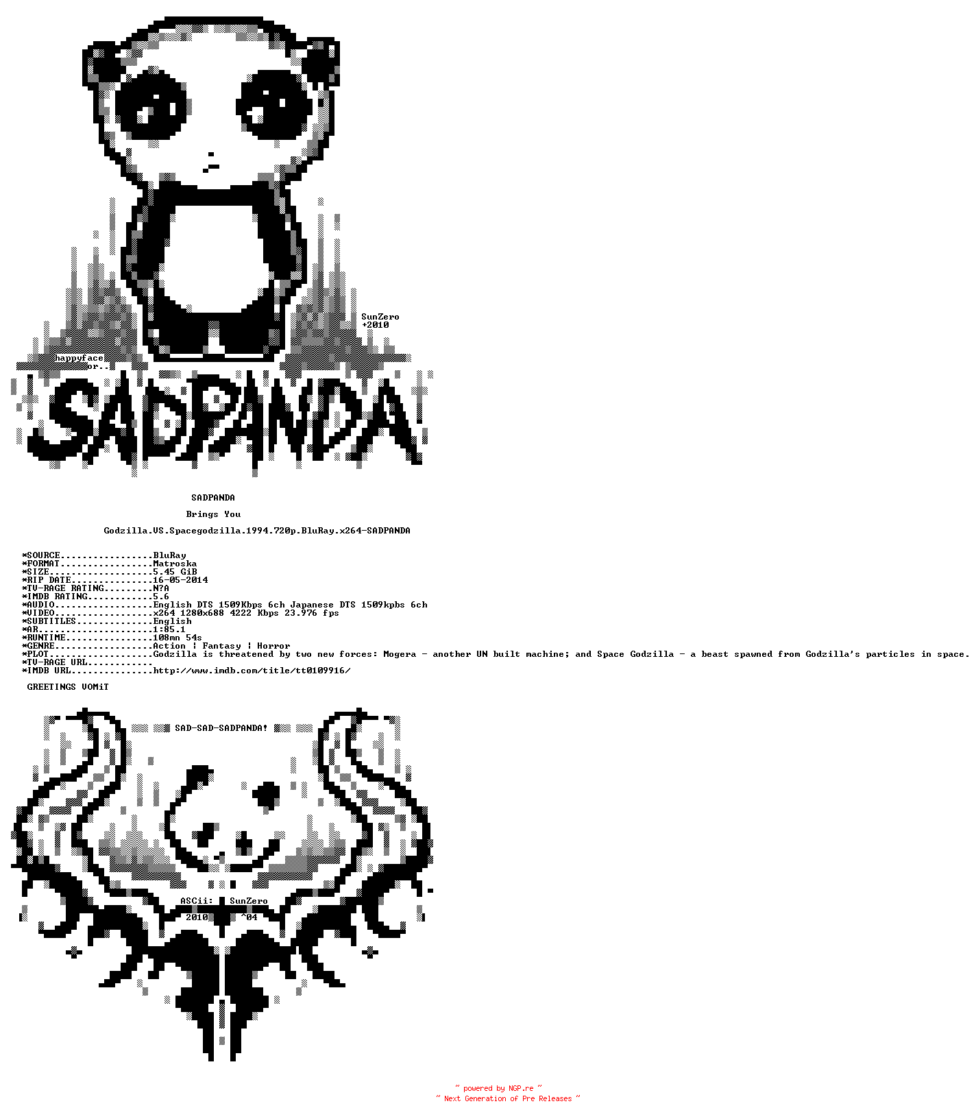 NFO for the release Godzilla.VS.Spacegodzilla.1994.720p.BluRay.x264-SADPANDA by SADPANDA
