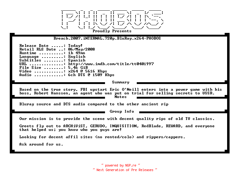 NFO for the release Breach.2007.iNTERNAL.720p.BluRay.x264-PHOBOS by PHOBOS