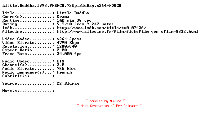 NFO for the release Little.Buddha.1993.FRENCH.720p.BluRay.x264-ROUGH by ROUGH