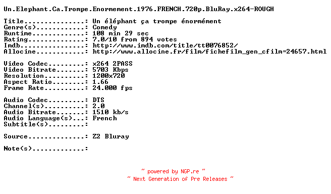 NFO for the release Un.Elephant.Ca.Trompe.Enormement.1976.FRENCH.720p.BluRay.x264-ROUGH by ROUGH