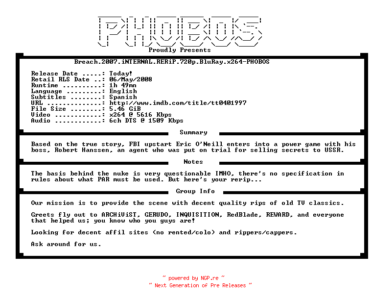NFO for the release Breach.2007.iNTERNAL.RERiP.720p.BluRay.x264-PHOBOS by PHOBOS