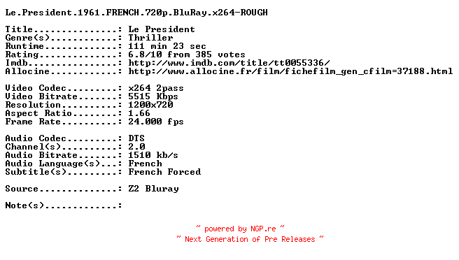 NFO for the release Le.President.1961.FRENCH.720p.BluRay.x264-ROUGH by ROUGH