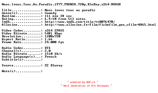 NFO for the release Nous.Irons.Tous.Au.Paradis.1977.FRENCH.720p.BluRay.x264-ROUGH by ROUGH