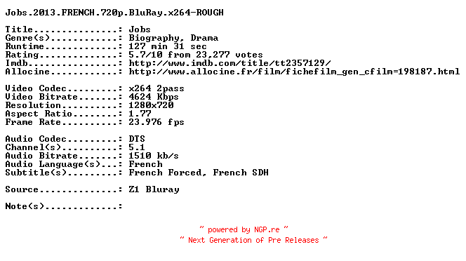 NFO for the release Jobs.2013.FRENCH.720p.BluRay.x264-ROUGH by ROUGH