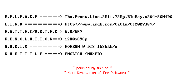 NFO for the release The.Front.Line.2011.720p.BluRay.x264-SONiDO by SONiDO