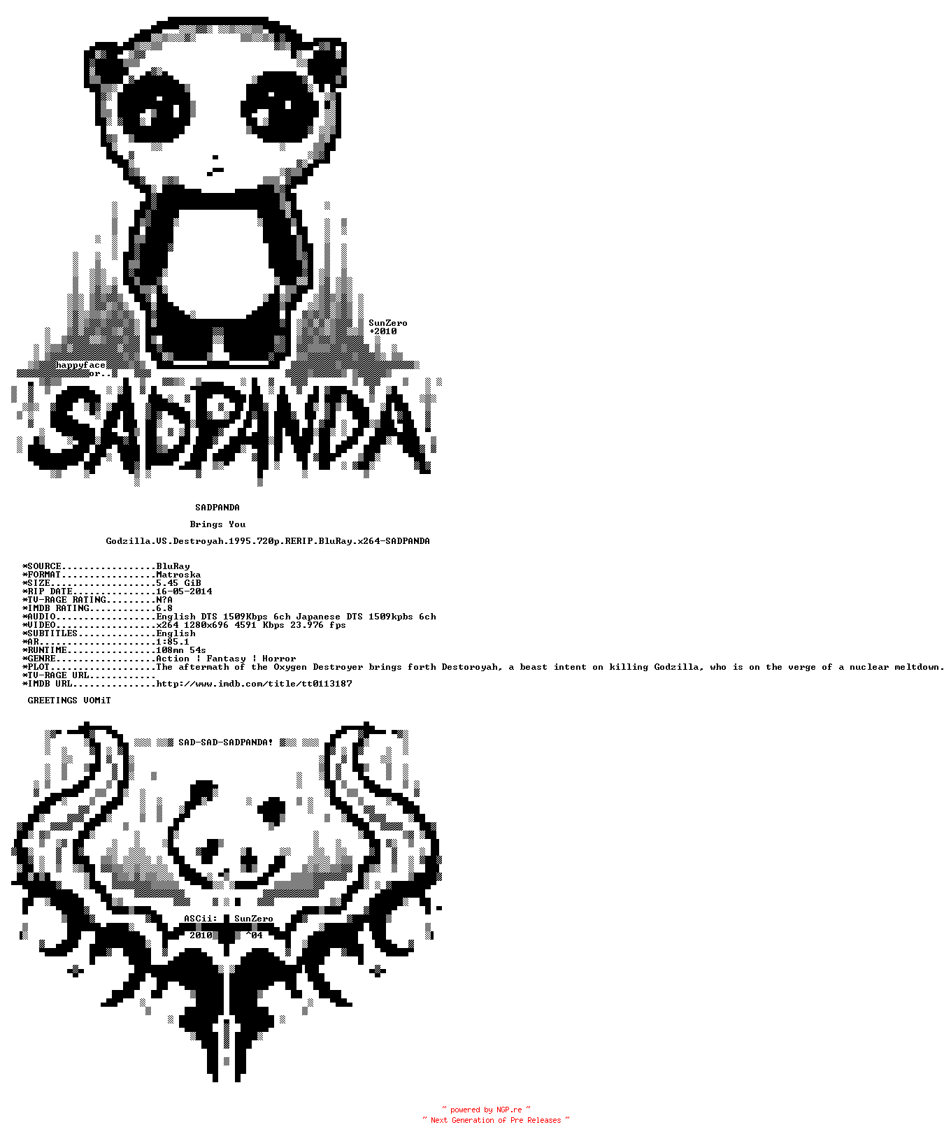 NFO for the release Godzilla.VS.Destroyah.1995.720p.RERIP.BluRay.x264-SADPANDA by SADPANDA