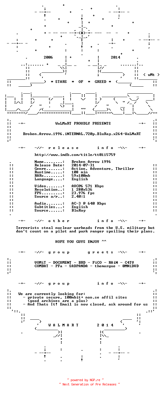 NFO for the release Broken.Arrow.1996.iNTERNAL.720p.BluRay.x264-WaLMaRT by WaLMaRT