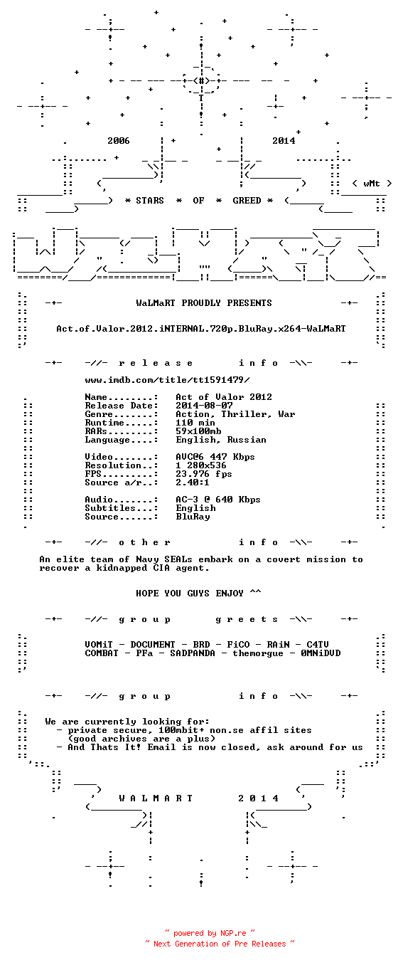 NFO for the release Act.of.Valor.2012.iNTERNAL.720p.BluRay.x264-WaLMaRT by WaLMaRT