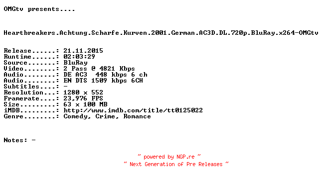 NFO for the release Heartbreakers.Achtung.Scharfe.Kurven.2001.German.AC3D.DL.720p.BluRay.x264-OMGtv by OMGtv