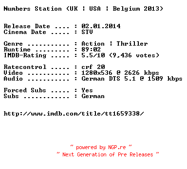 NFO for the release Numbers.Station.2013.German.720p.BluRay.x264-EXQUiSiTE by EXQUiSiTE