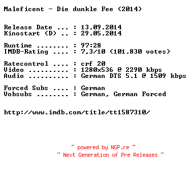 NFO for the release Maleficent.Die.dunkle.Fee.UNCUT.German.720p.BluRay.x264-EXQUiSiTE by EXQUiSiTE