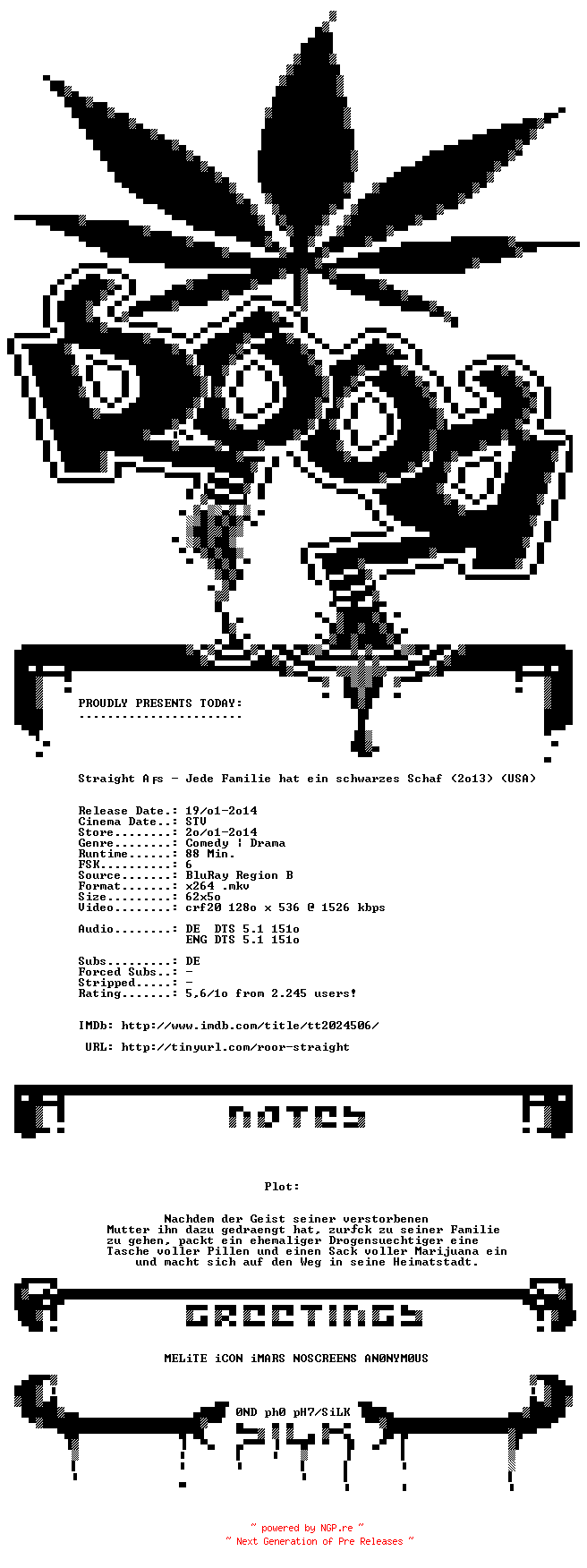 NFO for the release Straight.As.Jede.Familie.hat.ein.schwarzes.Schaf.German.2013.DL.720p.BluRay.x264-ROOR by ROOR