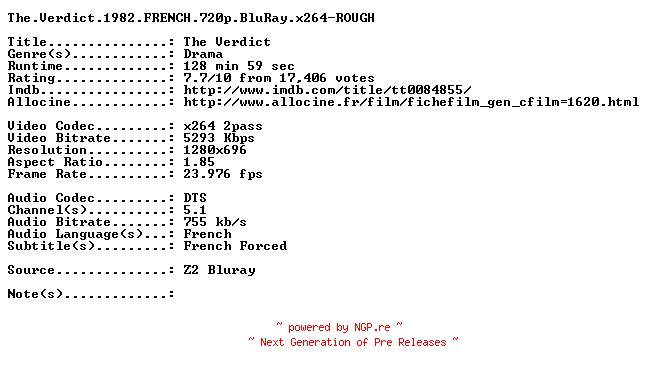 NFO for the release The.Verdict.1982.FRENCH.720p.BluRay.x264-ROUGH by ROUGH