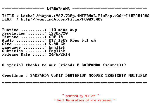 NFO for the release Lethal.Weapon.1987.720p.iNTERNAL.BluRay.x264-LiBRARiANS by LiBRARiANS