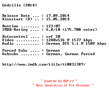 NFO for the release Godzilla.2014.German.720p.BluRay.x264-EXQUiSiTE by EXQUiSiTE