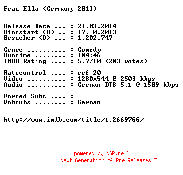 NFO for the release Frau.Ella.German.720p.BluRay.x264-EXQUiSiTE by EXQUiSiTE
