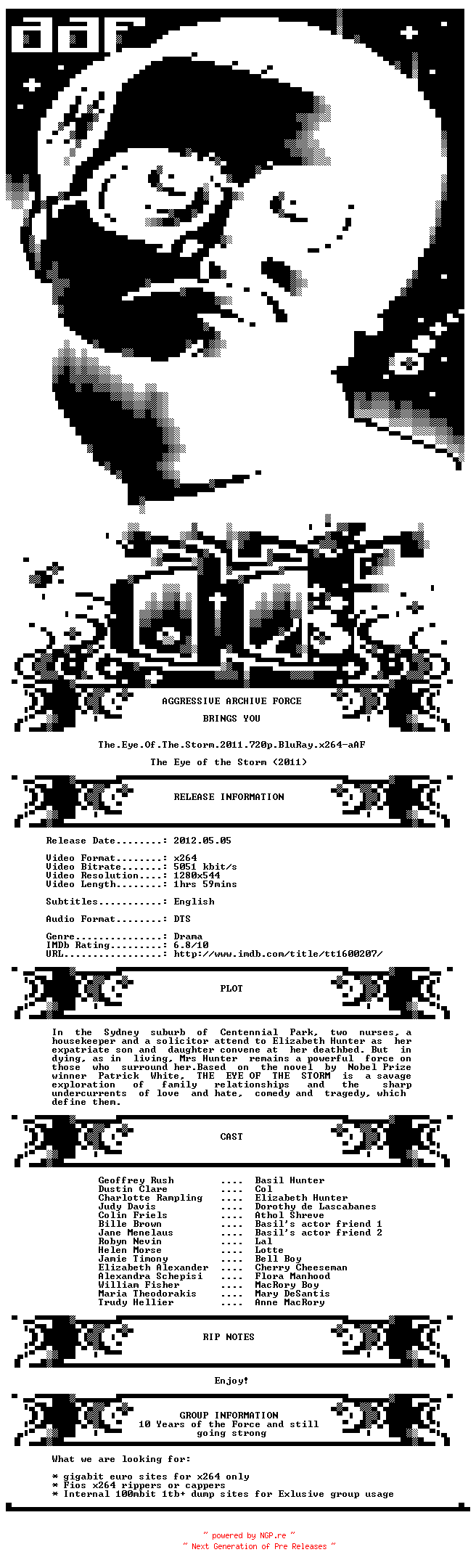 NFO for the release The.Eye.Of.The.Storm.2011.720p.BluRay.x264-aAF by aAF