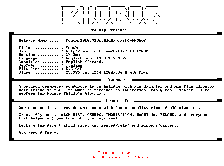 NFO for the release Youth.2015.720p.BluRay.x264-PHOBOS by PHOBOS