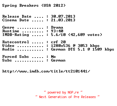NFO for the release Spring.Breakers.2012.German.720p.BluRay.x264-EXQUiSiTE by EXQUiSiTE
