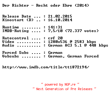 NFO for the release Der.Richter.Recht.oder.Ehre.German.720p.BluRay.x264-EXQUiSiTE by EXQUiSiTE