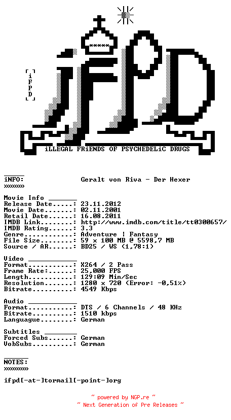 NFO for the release Geralt.von.Riva.Der.Hexer.2001.German.720p.BluRay.x264-iFPD by iFPD