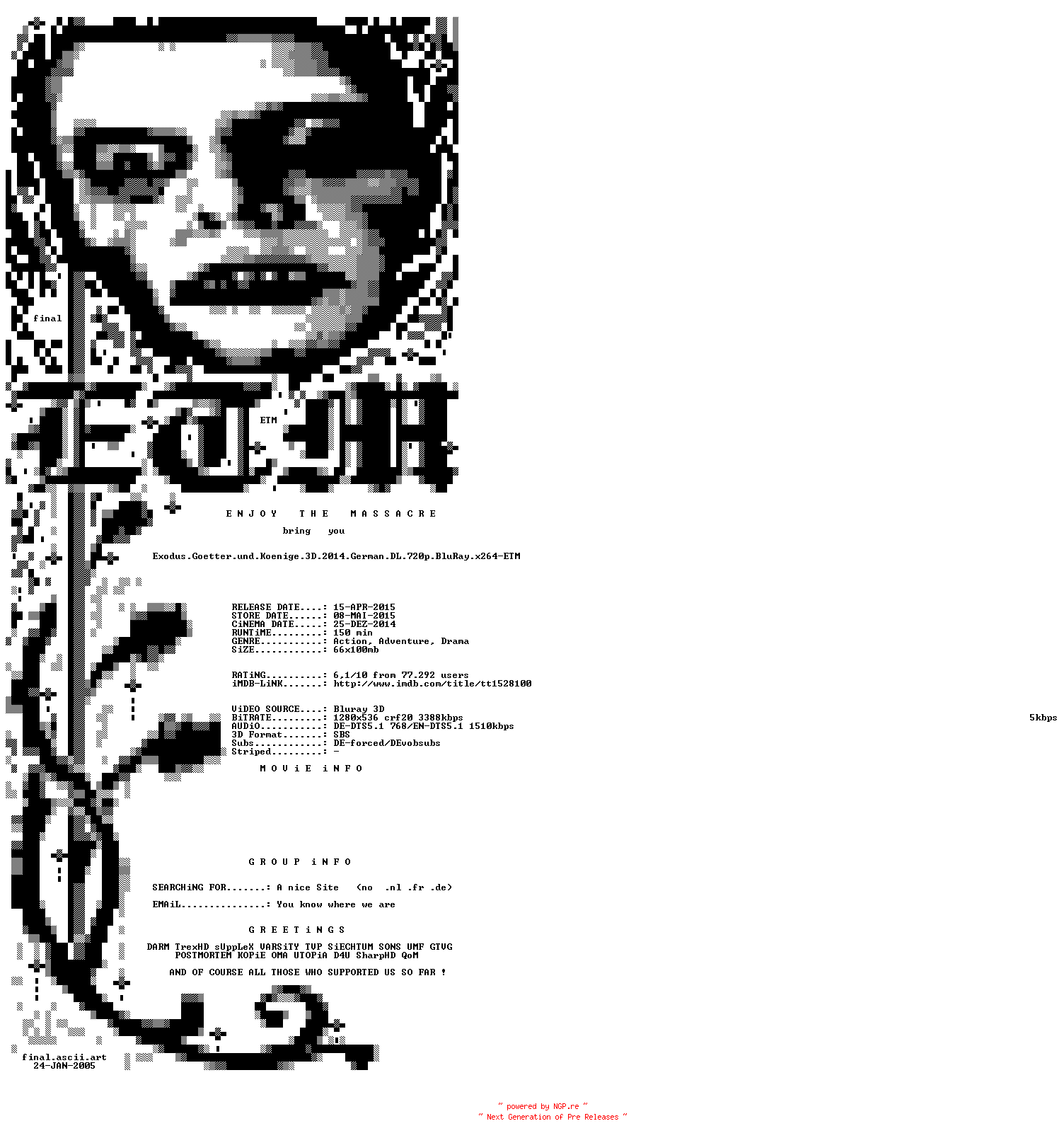 NFO for the release Exodus.Goetter.und.Koenige.3D.2014.German.DL.720p.BluRay.x264-ETM by ETM