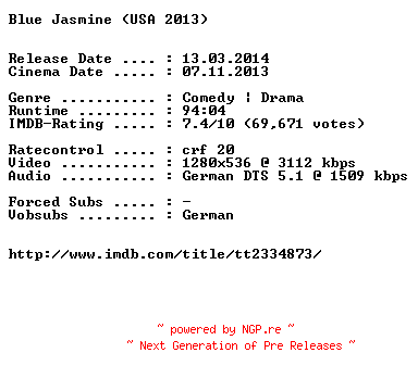 NFO for the release Blue.Jasmine.German.720p.BluRay.x264-EXQUiSiTE by EXQUiSiTE