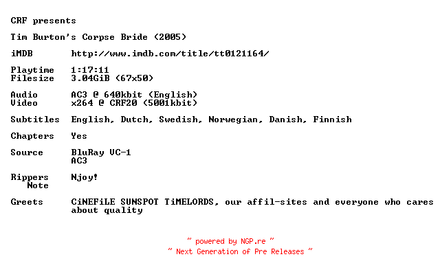 NFO for the release Tim.Burtons.Corpse.Bride.2005.720p.BluRay.x264.iNTERNAL-CRF by CRF
