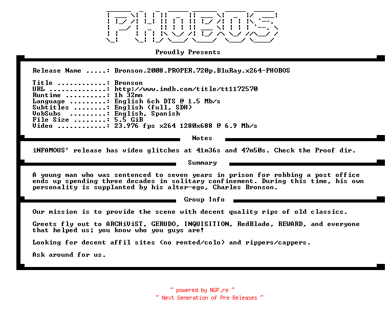 NFO for the release Bronson.2008.PROPER.720p.BluRay.x264-PHOBOS by PHOBOS