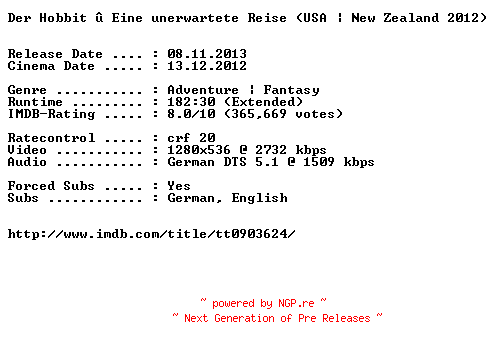 NFO for the release Der.Hobbit.Eine.Unerwartete.Reise.EXTENDED.German.720p.BluRay.x264-EXQUiSiTE by EXQUiSiTE