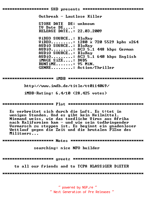 NFO for the release Outbreak.Lautlose.Killer.German.1995.DL.720p.BluRay.x264-SHD by SHD