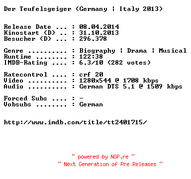 NFO for the release Der.Teufelsgeiger.German.720p.BluRay.x264-EXQUiSiTE by EXQUiSiTE