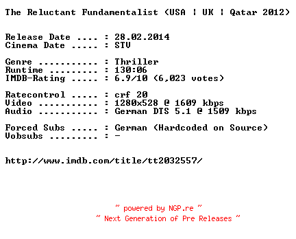 NFO for the release The.Reluctant.Fundamentalist.2012.German.720p.BluRay.x264-EXQUiSiTE by EXQUiSiTE