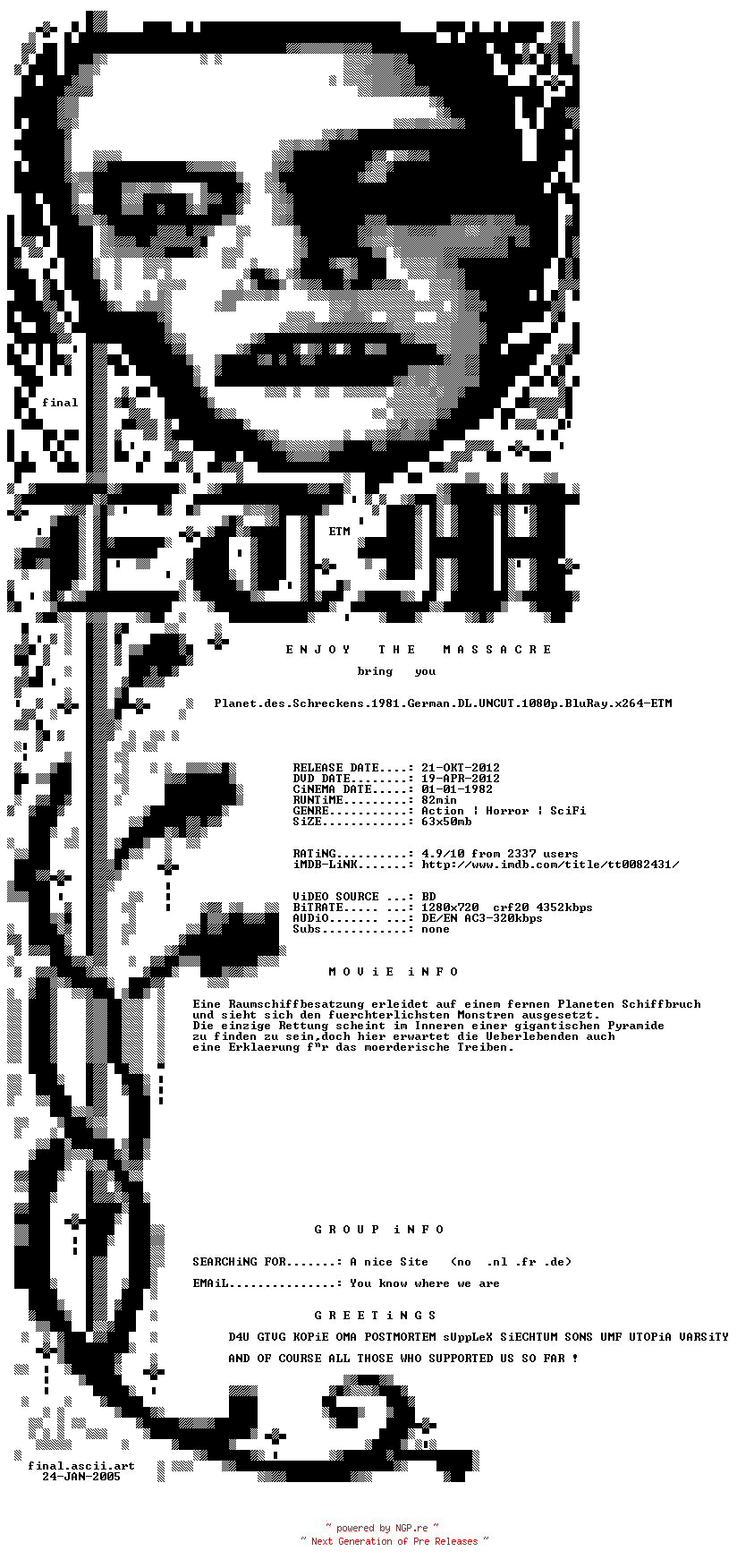 NFO for the release Planet.des.Schreckens.1981.German.DL.UNCUT.720p.BluRay.x264-ETM by ETM
