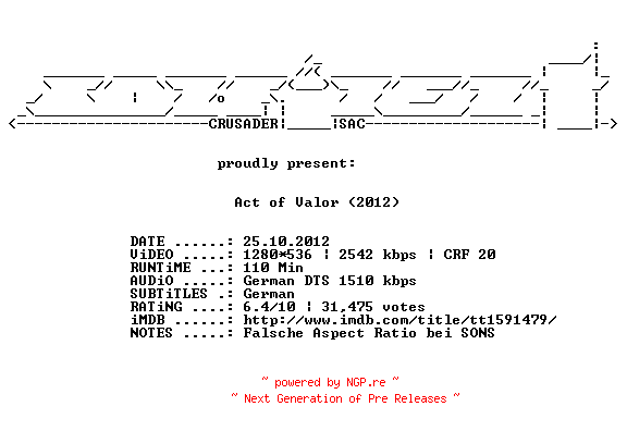 NFO for the release Act.of.Valor.German.PROPER.720p.BluRay.x264-CONFiDENT by CONFiDENT
