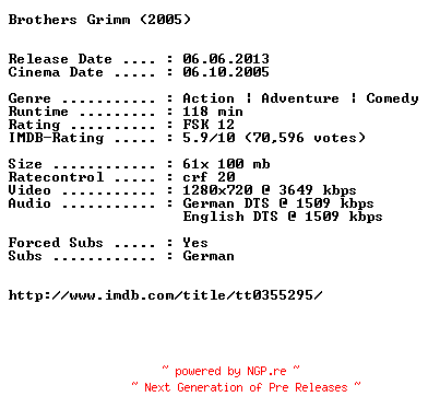 NFO for the release Brothers.Grimm.2005.German.DL.720p.BluRay.x264.iNTERNAL-1aQuali by 1aQuali