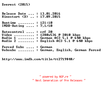 NFO for the release Everest.2015.German.DL.720p.BluRay.x264-EXQUiSiTE by EXQUiSiTE