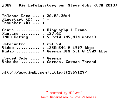 NFO for the release jOBS.Die.Erfolgsstory.von.Steve.Jobs.2013.German.720p.BluRay.x264-EXQUiSiTE by EXQUiSiTE