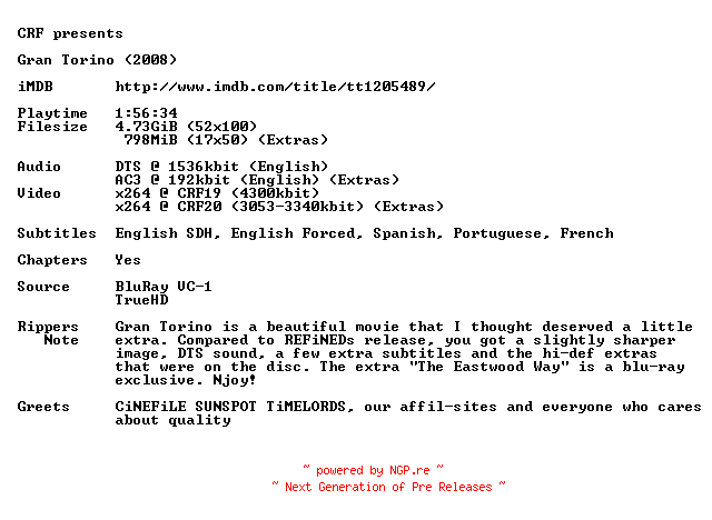 NFO for the release Gran.Torino.2008.720p.BluRay.x264.iNTERNAL-CRF by CRF