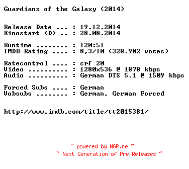 NFO for the release Guardians.of.the.Galaxy.German.720p.BluRay.x264-EXQUiSiTE by EXQUiSiTE