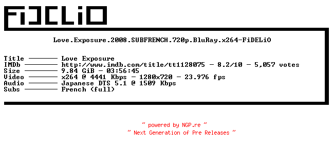 NFO for the release Love.Exposure.2008.SUBFRENCH.720p.BluRay.x264-FiDELiO by FiDELiO