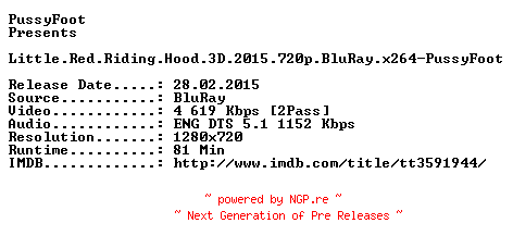 NFO for the release Little.Red.Riding.Hood.3D.2015.720p.BluRay.x264-PussyFoot by PussyFoot