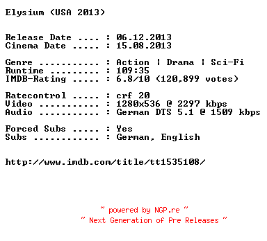 NFO for the release Elysium.German.720p.BluRay.x264-EXQUiSiTE by EXQUiSiTE