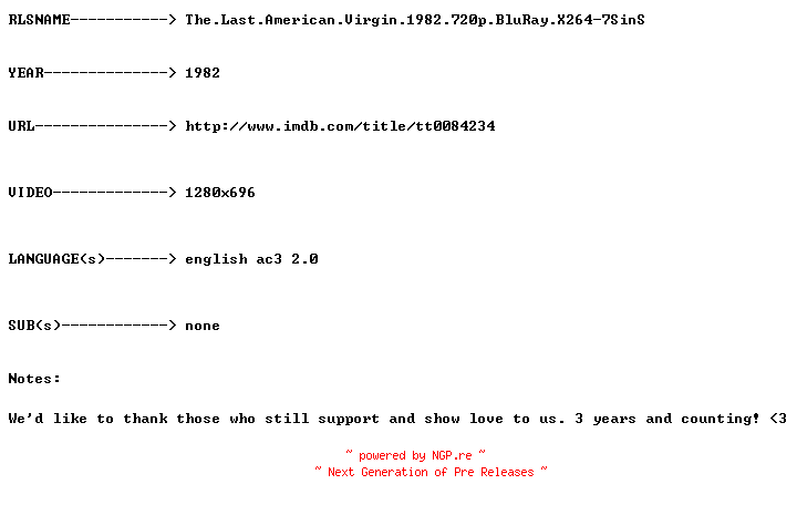 NFO for the release The.Last.American.Virgin.1982.720p.BluRay.X264-7SinS by 7SinS