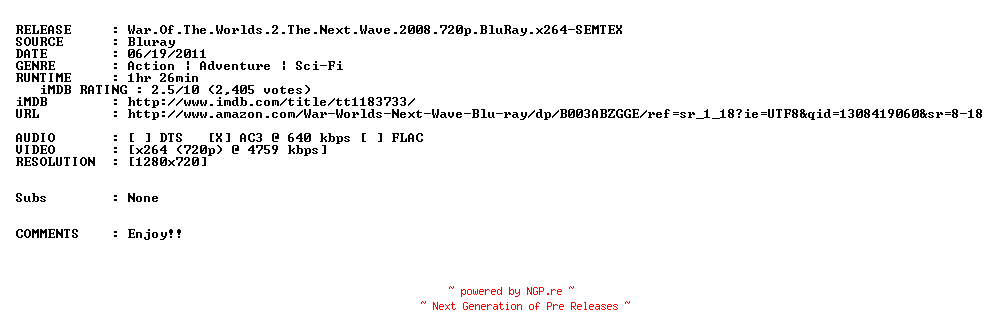 NFO for the release War.Of.The.Worlds.2.The.Next.Wave.2008.720p.BluRay.x264-SEMTEX by SEMTEX