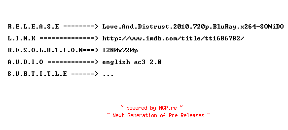 NFO for the release Love.And.Distrust.2010.720p.BluRay.x264-SONiDO by SONiDO